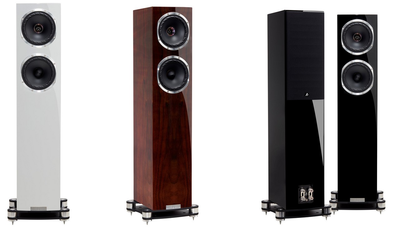 Im Bild die Farben und Funiere der Koaxial-Standlautsprecher Fyne Audio F501 SP: Hochglanz Walnuss, Schwarz oder Weiß