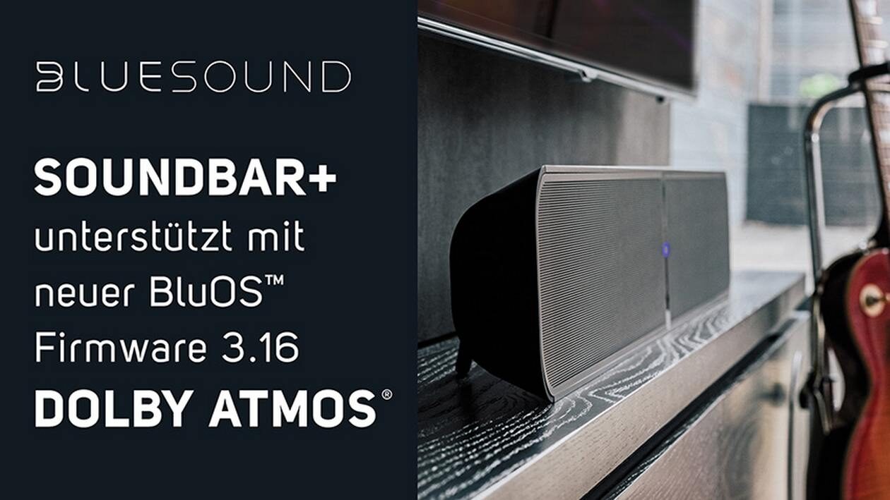 Neu: Die BluOs Bluesound Pulse Soundbar + jetzt neu mit Dolby Atmos.