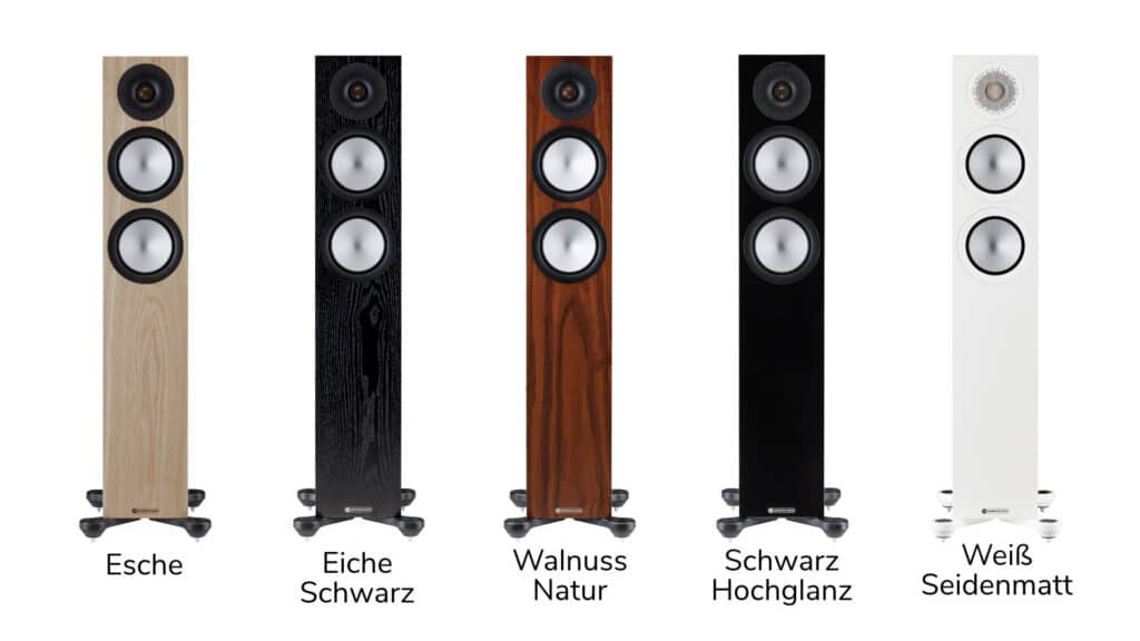 Drei Funiere und zwei Farben der HiFi-Standlautsprecher Monitor Audio 7G.